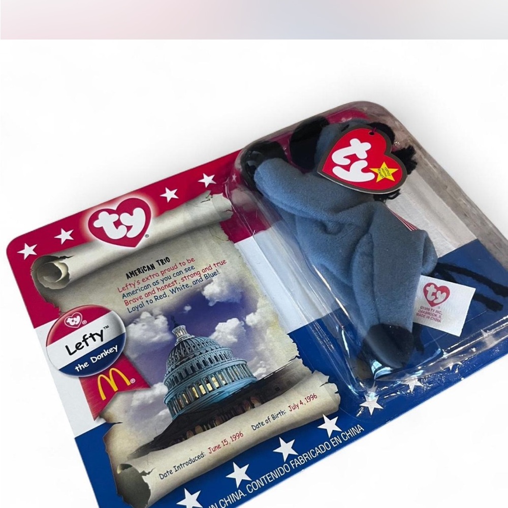 Vintage Brand new Ty mini Beanie Baby Lefty the Donkey in packaging